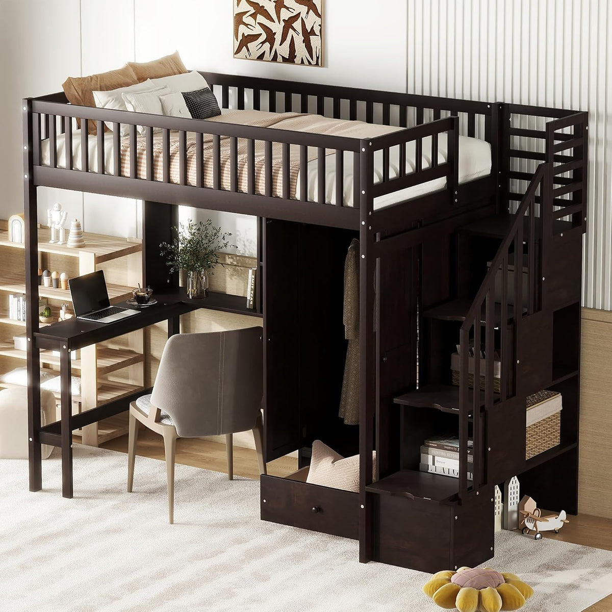 Twin Size Solid Wood Loft Bed with Stairs, Desk, Bookshelf, Drawers and Wardrobe D6083