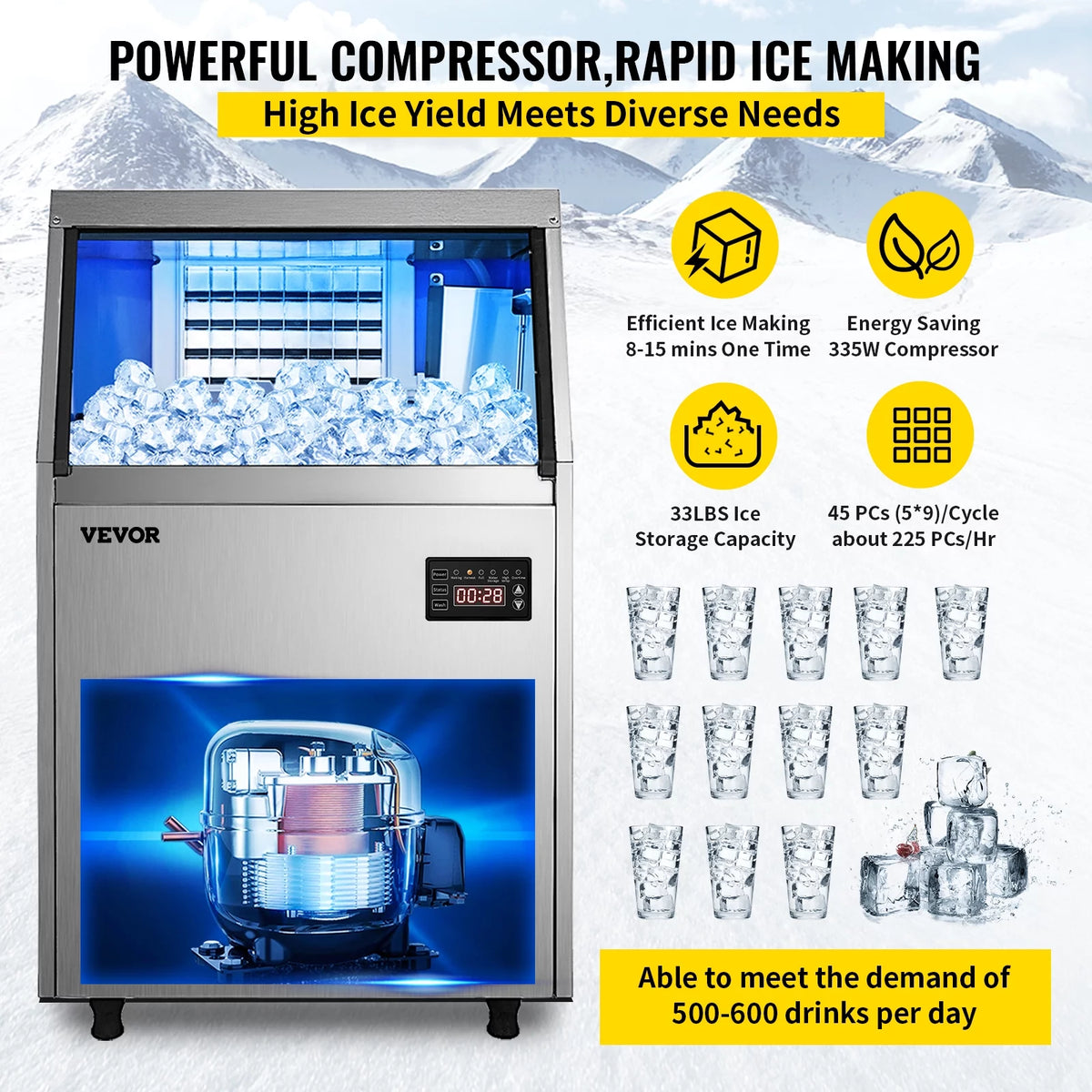 110V Commercial Ice Maker 110-120lbs/24H with 33LBS Bin Stainless Steel P81275