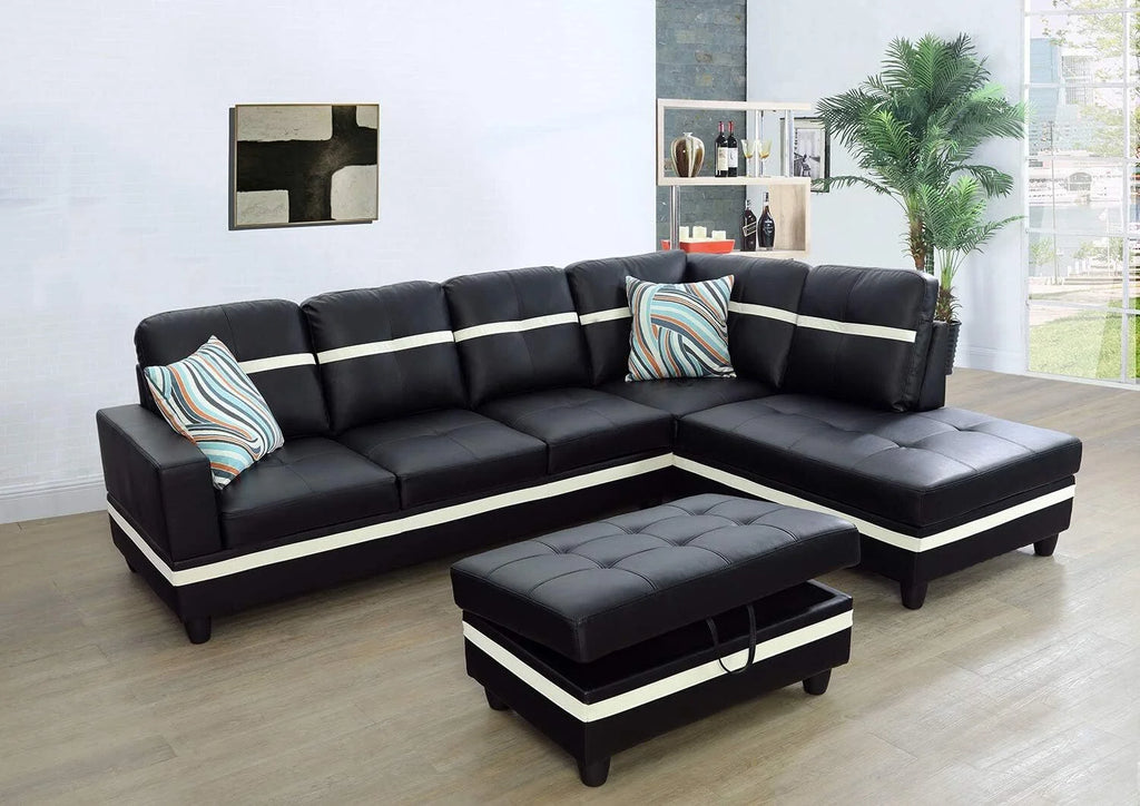 Black Leather 3-Piece L-Shaped Sectional Sofa Set with Ottoman E6032