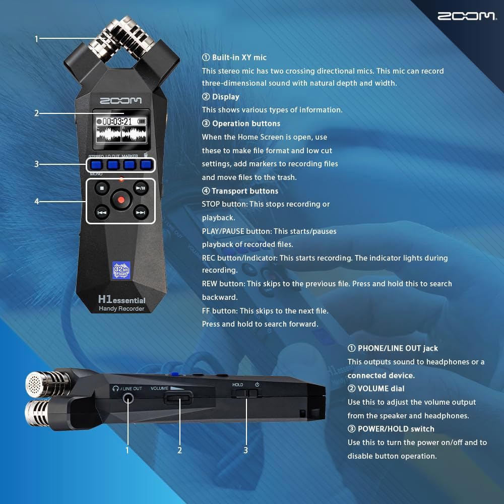 Stereo Handy Recorder Portable Audio Recorder 32 Bit Float USB X/Y Microphone 64GB SD Tripod Headphone I73067