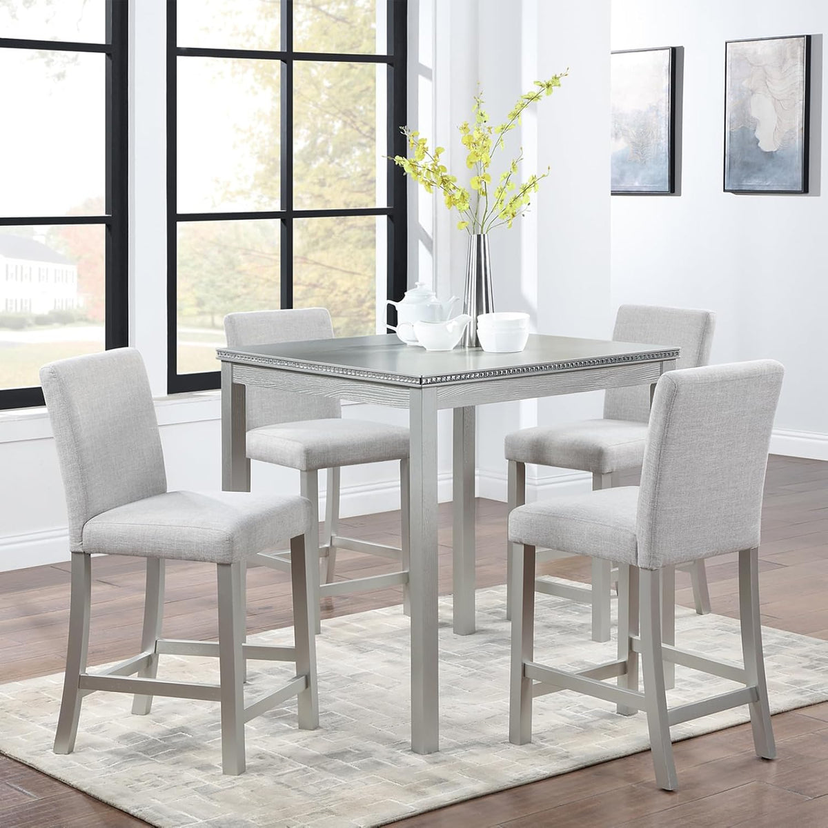 5-Piece Acacia Wood Counter Height Dining Table Set with 4 Upholstered-Seat Chairs M7968