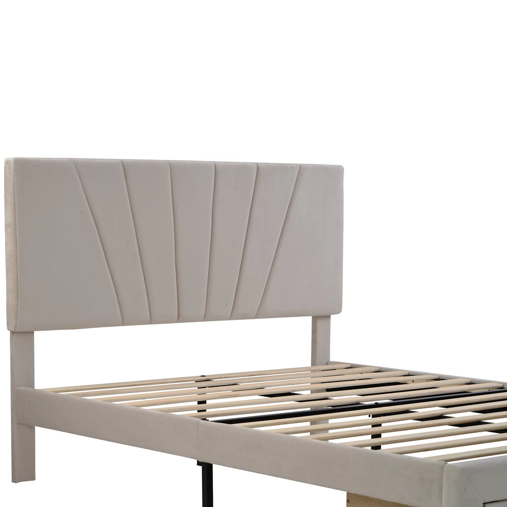 Beige Queen Size Velvet Upholstered Platform Bed with Drawer H4145