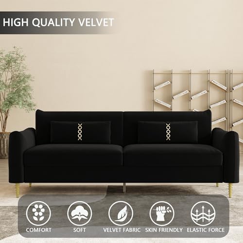 85 in 3-Seat Velvet Couch with Solid Wood Frame, 2 Pillows, Gold Legs W19362