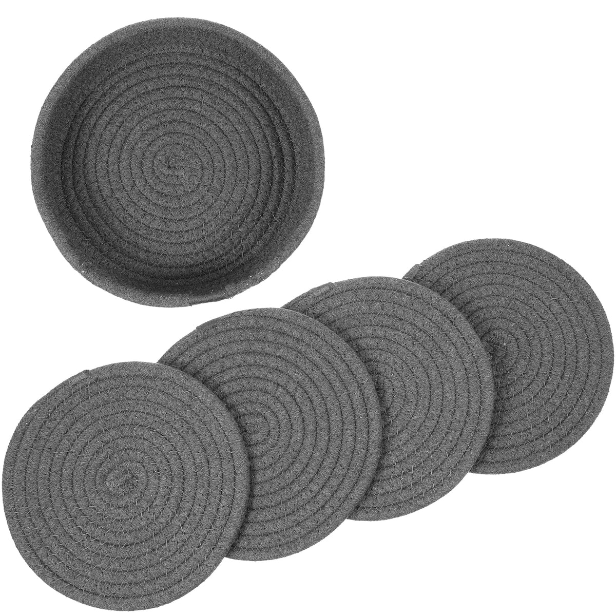 Dark Grey Cotton Rope Placemat Set Round Woven Coasters U146