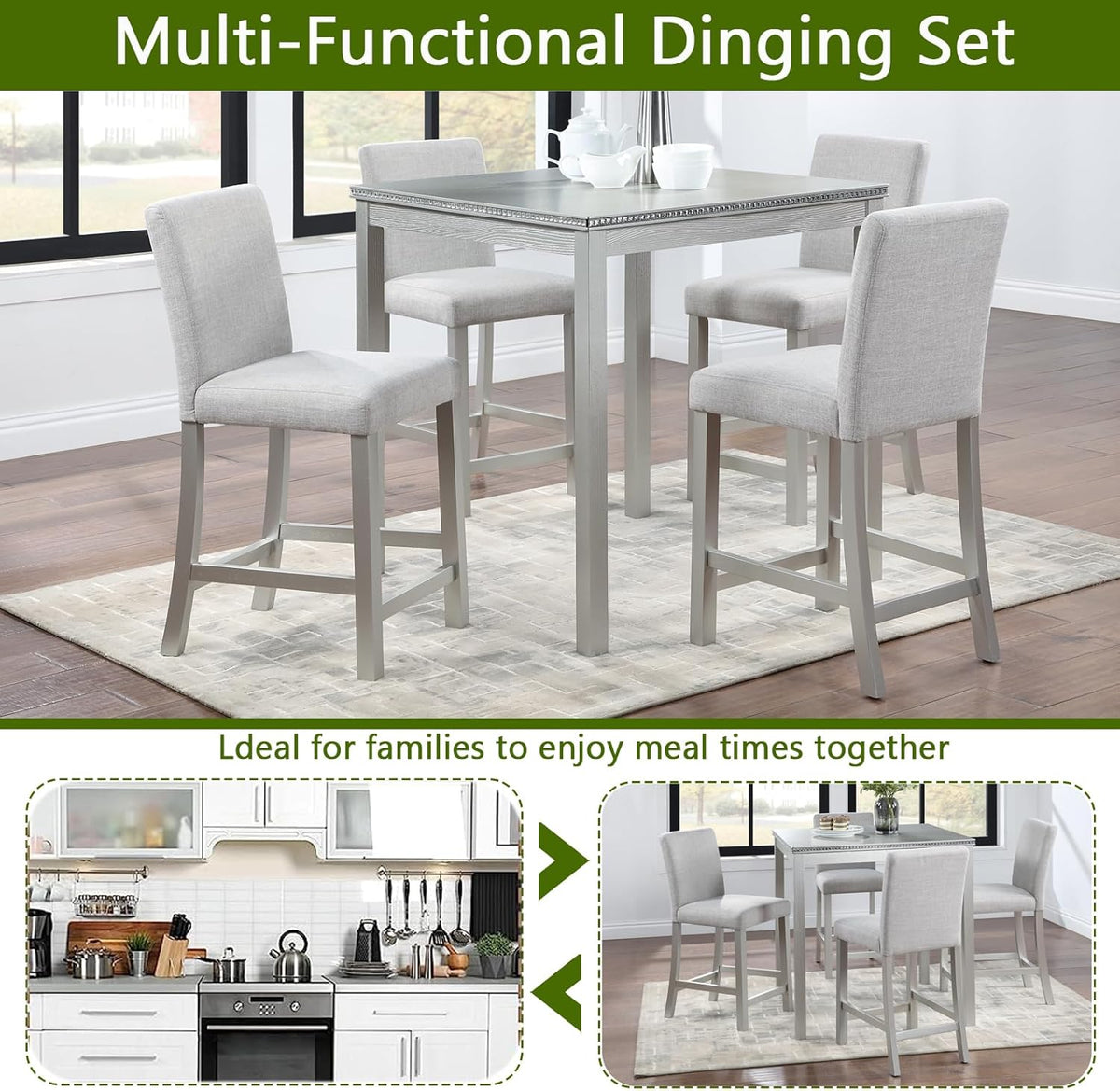 5-Piece Acacia Wood Counter Height Dining Table Set with 4 Upholstered-Seat Chairs M7968