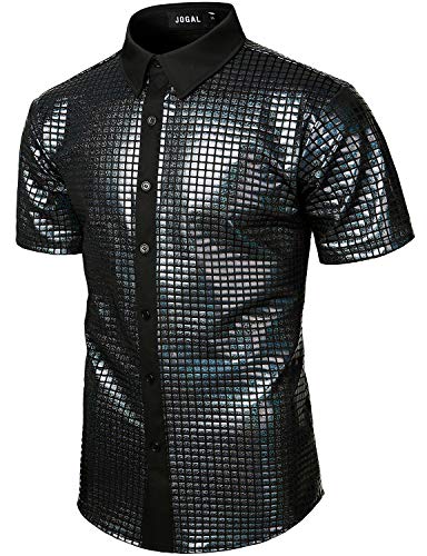Rainbow Sequins Disco Party Dress Short Sleeve Button Down Shirts Y780899