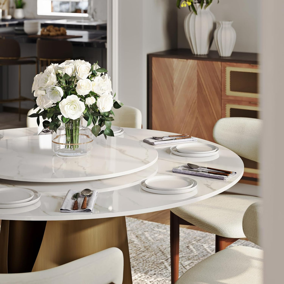 51" Glossy White Sintered Stone Top Round Dining Table with Lazy Susan U509