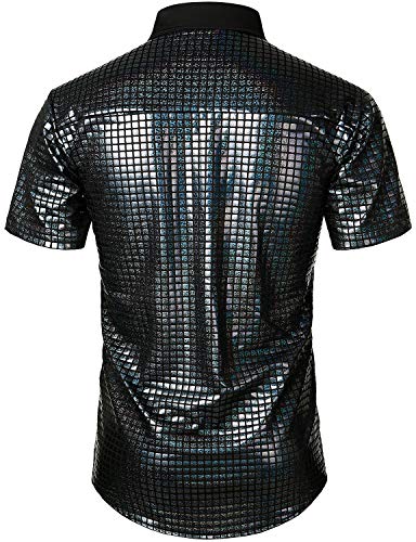 Rainbow Sequins Disco Party Dress Short Sleeve Button Down Shirts Y780899