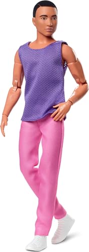 Barbie Ken Fashion Doll with Black Hair in Purple Mesh Top & Pink Trousers, Posable Collectible with Made to Move Body H8474