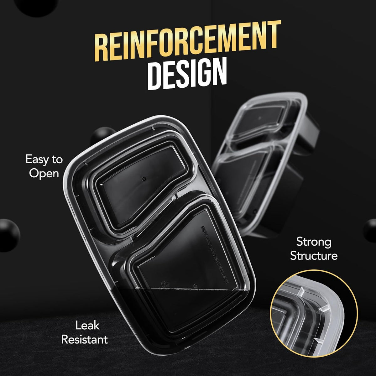 50 Pack 32oz 2 Compartment Meal Prep Container Microwave Safe BPA-Free Black Q7533