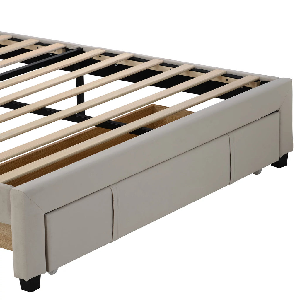 Beige Queen Size Velvet Upholstered Platform Bed with Drawer H4145