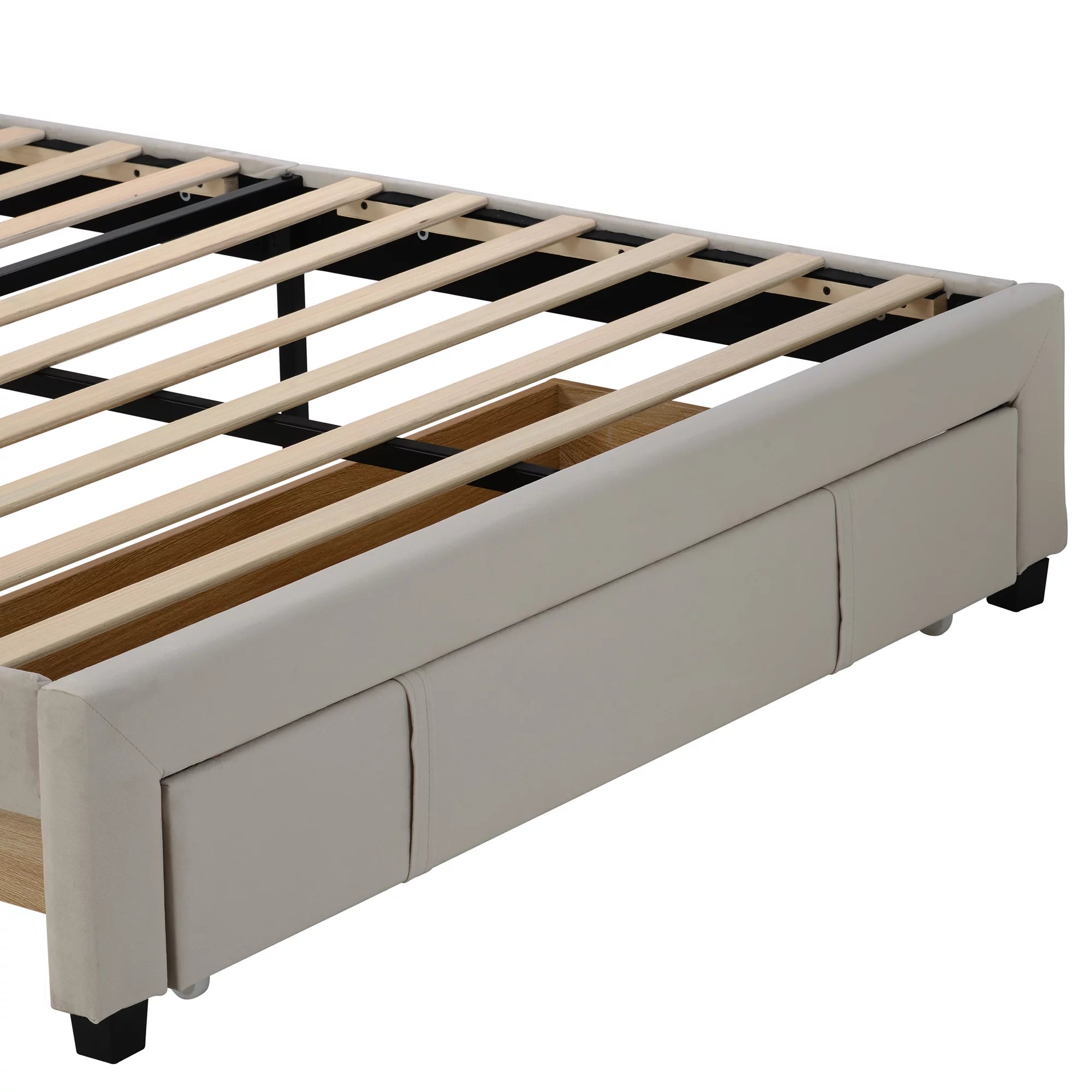 Beige Queen Size Velvet Upholstered Platform Bed with Drawer H4145