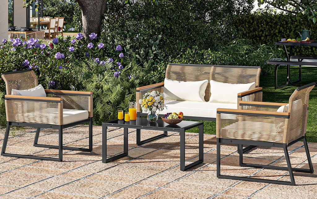 4-Piece All Weather Rattan Conversation Loveseat with Gray Cushions and Metal Coffee Table W700332