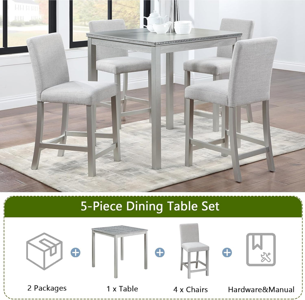 5-Piece Acacia Wood Counter Height Dining Table Set with 4 Upholstered-Seat Chairs M7968