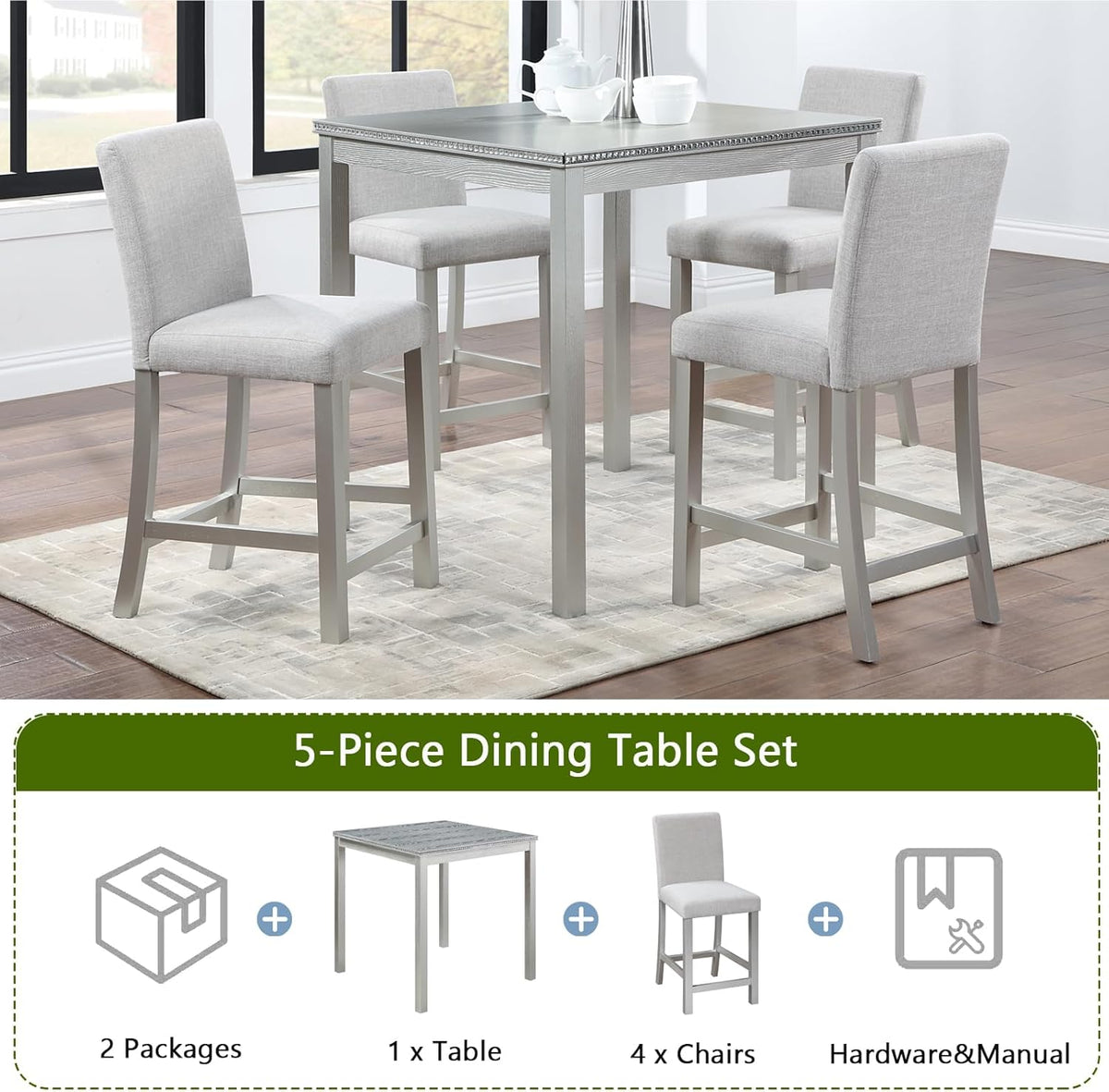 5-Piece Acacia Wood Counter Height Dining Table Set with 4 Upholstered-Seat Chairs M7968