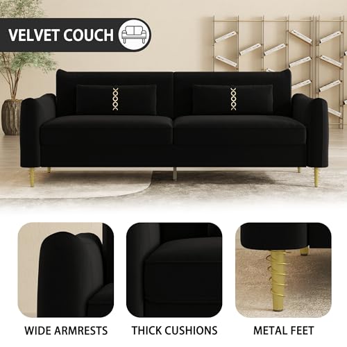 85 in 3-Seat Velvet Couch with Solid Wood Frame, 2 Pillows, Gold Legs W19362