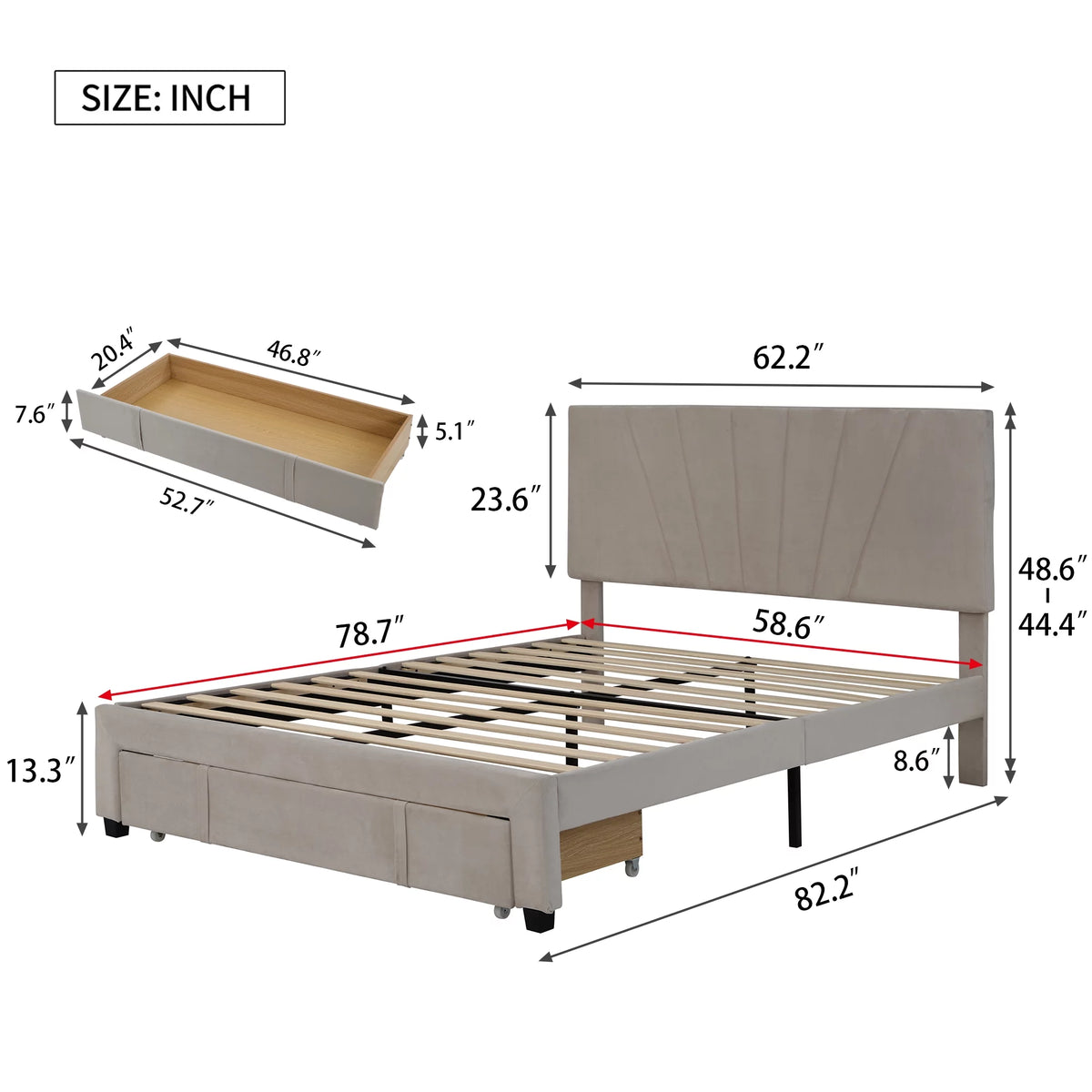 Beige Queen Size Velvet Upholstered Platform Bed with Drawer H4145