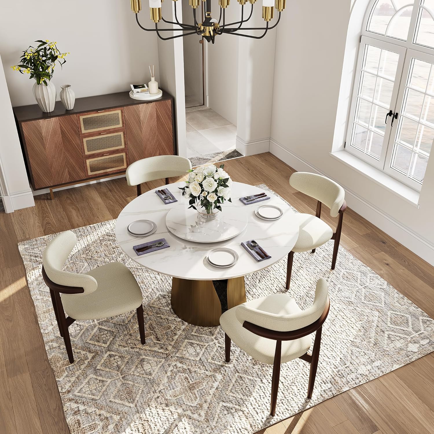 51" Glossy White Sintered Stone Top Round Dining Table with Lazy Susan U509