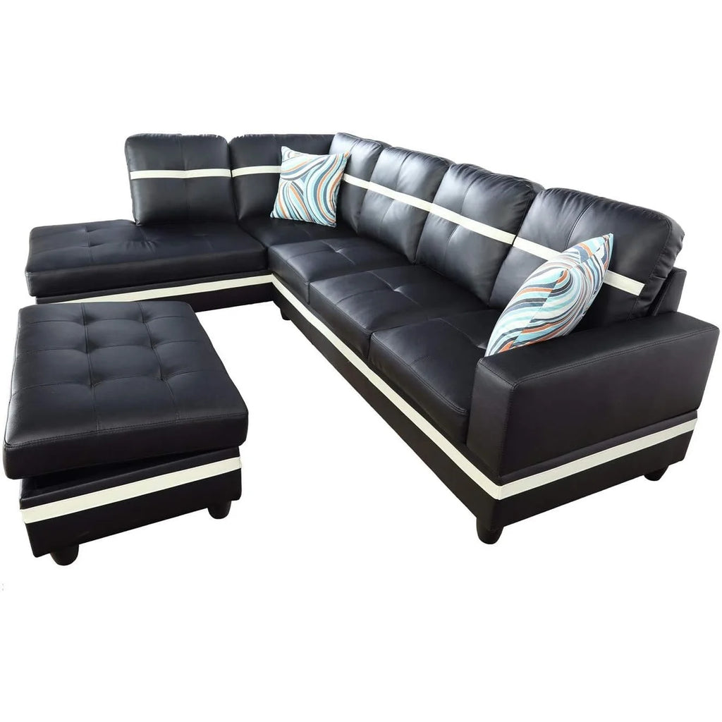 Black Leather 3-Piece L-Shaped Sectional Sofa Set with Ottoman E6032