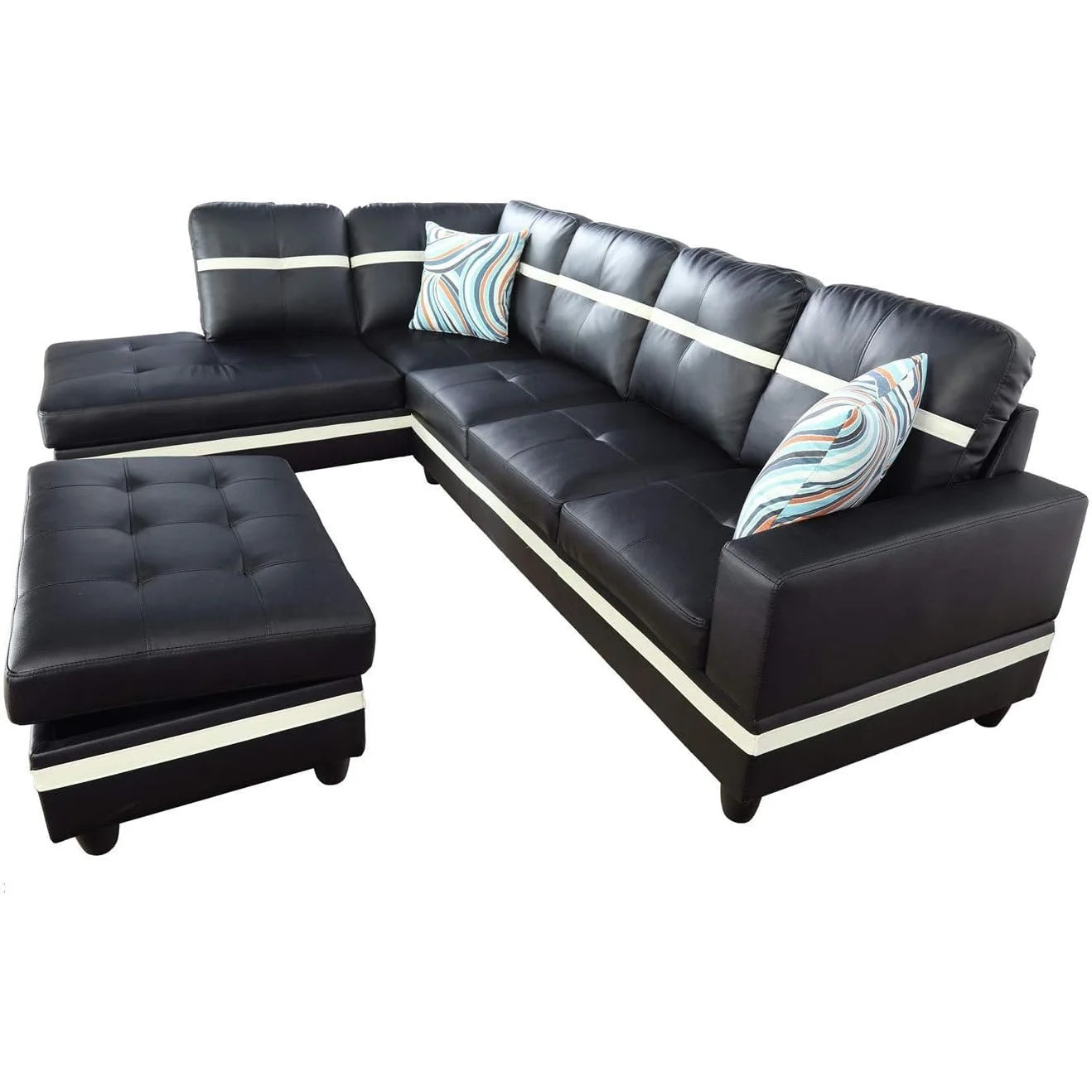 Black Leather 3-Piece L-Shaped Sectional Sofa Set with Ottoman E6032
