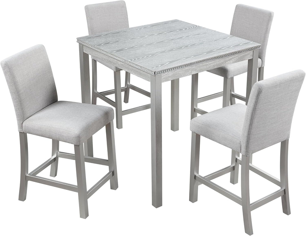 5-Piece Acacia Wood Counter Height Dining Table Set with 4 Upholstered-Seat Chairs M7968
