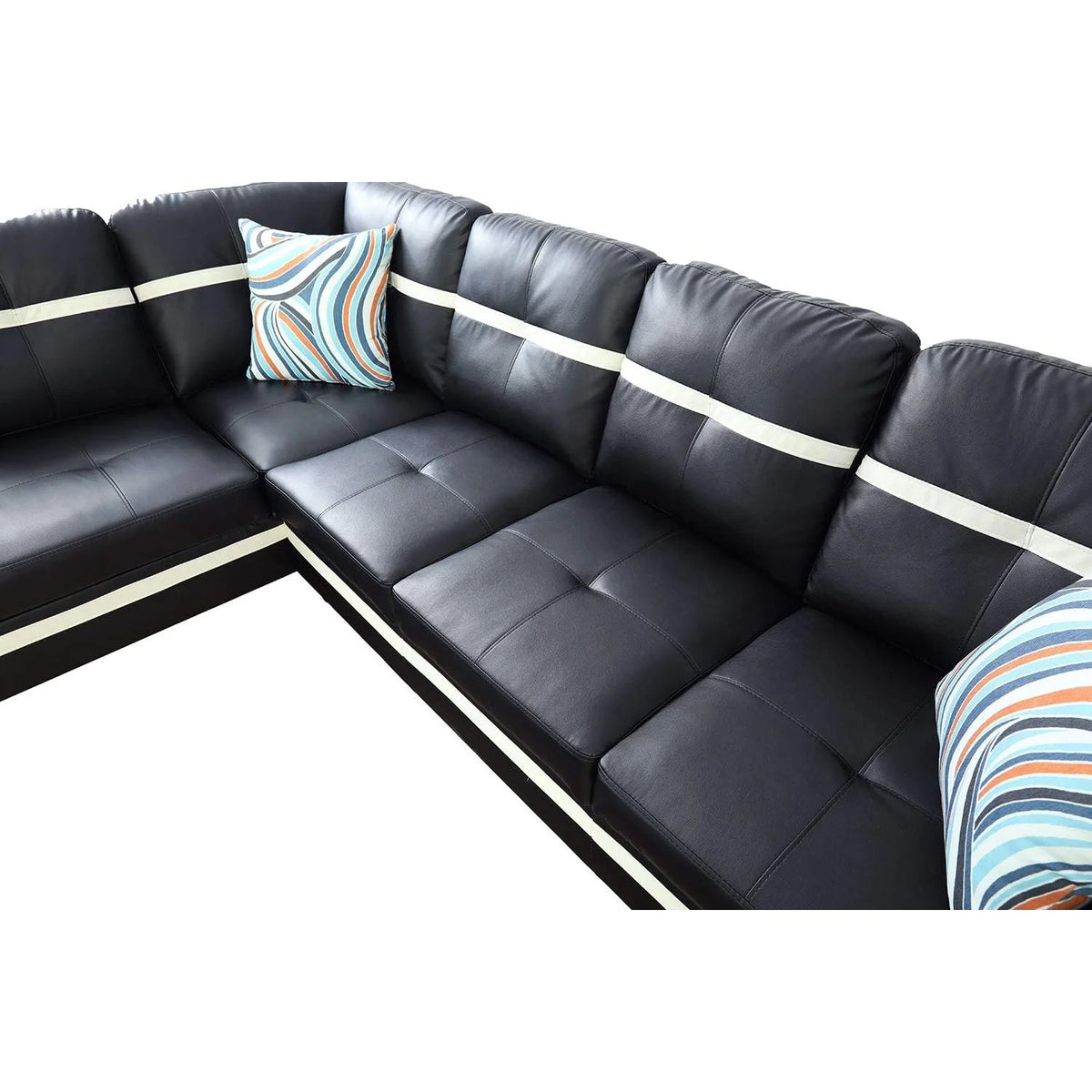 Black Leather 3-Piece L-Shaped Sectional Sofa Set with Ottoman E6032