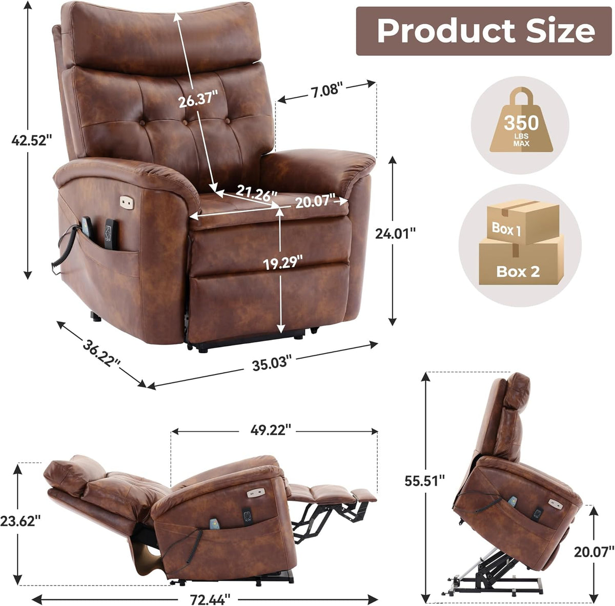 Brown Leather Power Lift Recliner with Massage and Heat N68215
