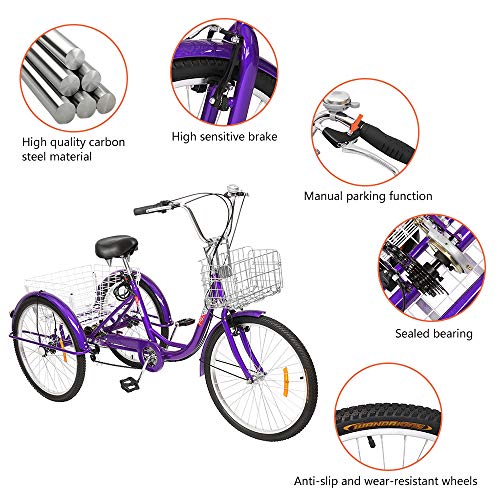 Adult Tricycle 7 Speed 24/26 Inch 3 Wheel Trike with Folding Front & Rear Basket E5714