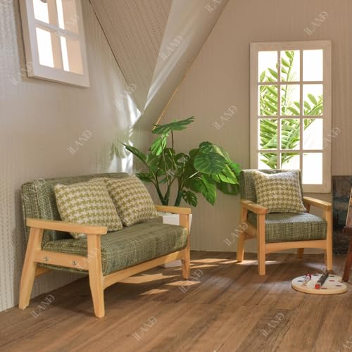 Grey Green Dollhouse Couch and Miniature Sofa Set with Mini Houndstooth Cushions V283609