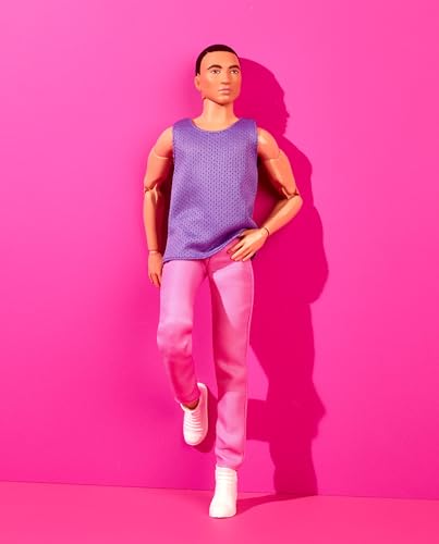 Barbie Ken Fashion Doll with Black Hair in Purple Mesh Top & Pink Trousers, Posable Collectible with Made to Move Body H8474