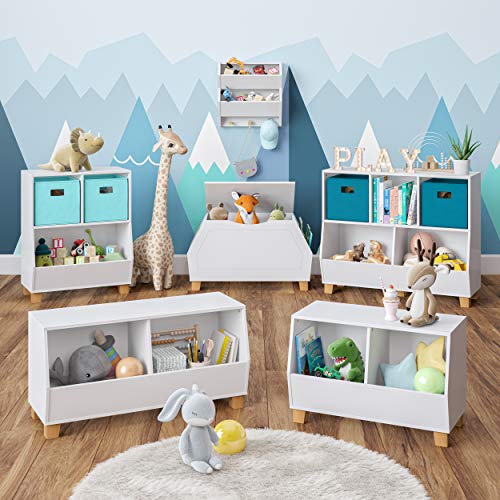 White Kids Bookshelf Toy Storage Organizer with 2 Cubbies & Bin X31883