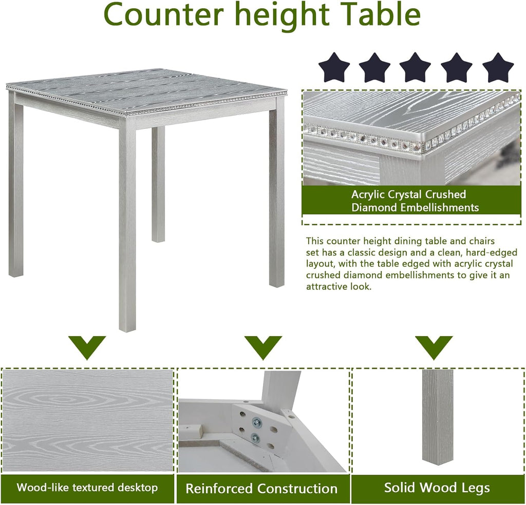 5-Piece Acacia Wood Counter Height Dining Table Set with 4 Upholstered-Seat Chairs M7968