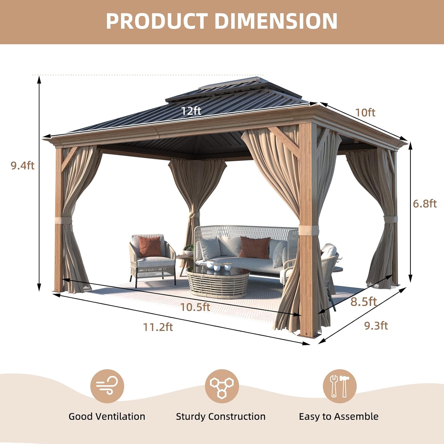 10' x 12' Hardtop Gazebo with Galvanized Steel Double Roof and Curtains J31320