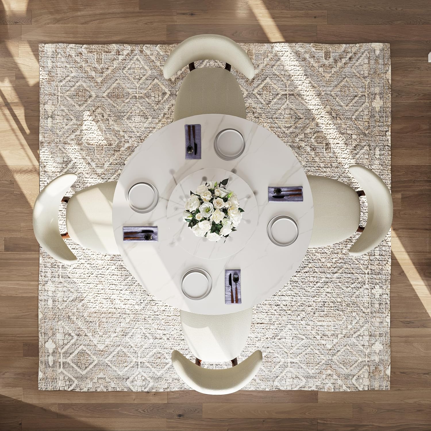 51" Glossy White Sintered Stone Top Round Dining Table with Lazy Susan U509
