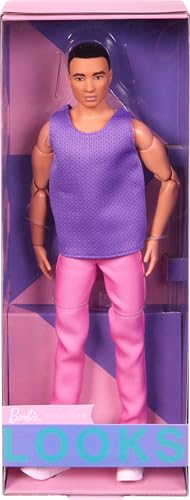 Barbie Ken Fashion Doll with Black Hair in Purple Mesh Top & Pink Trousers, Posable Collectible with Made to Move Body H8474