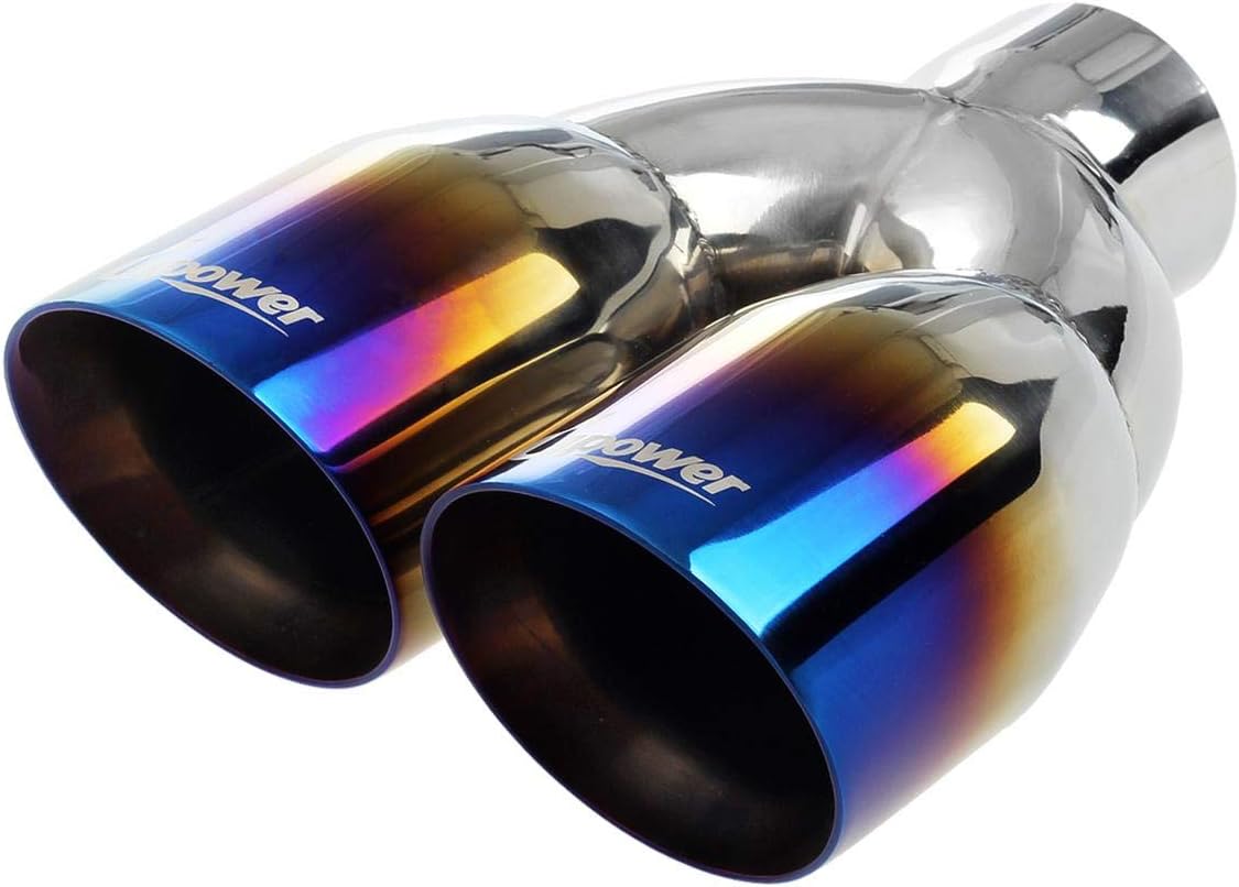 Dual Exhaust Tips 2.5" Inlet 3.5" Outlet 9.5" Length Blue Polished Stainless Steel Double Wall Pack of 2 N25272
