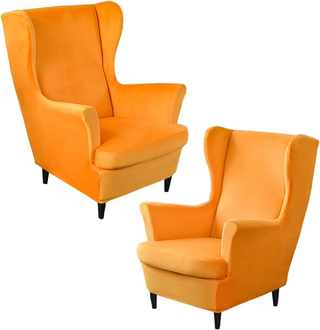 Orange Velvet Stretch Wingback Chair Sofa Slipcover with Elastic Bottom F6711