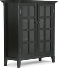 Distressed Grey Solid Wood Storage Cabinet with 2 Tempered Glass Doors A369