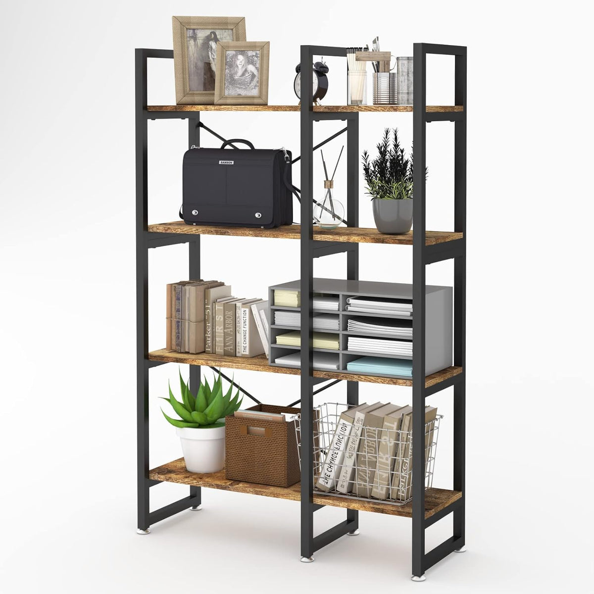 Rustic Brown 4 Tiers Metal Frame Bookshelf N7740