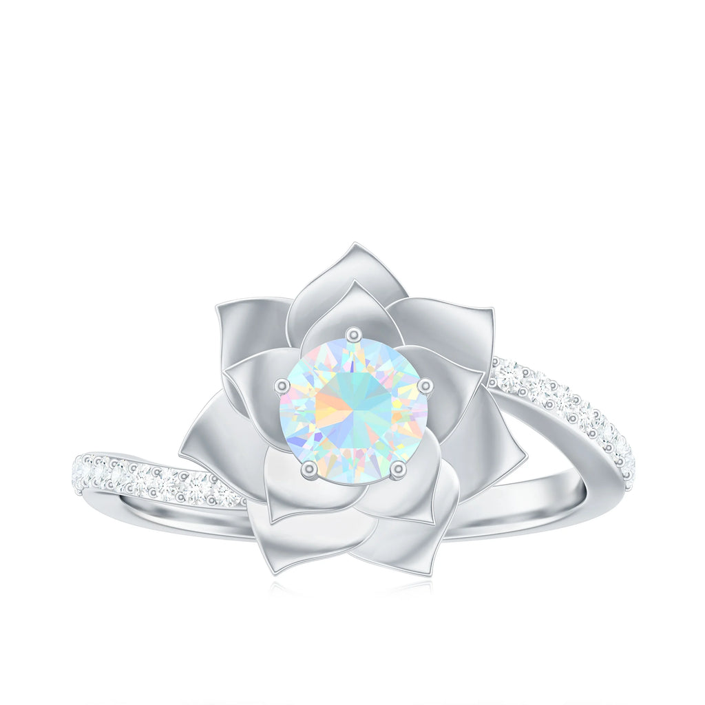 Ethiopian Opal Bypass Flower Engagement Ring with Diamond, 925 Sterling Silver L333122