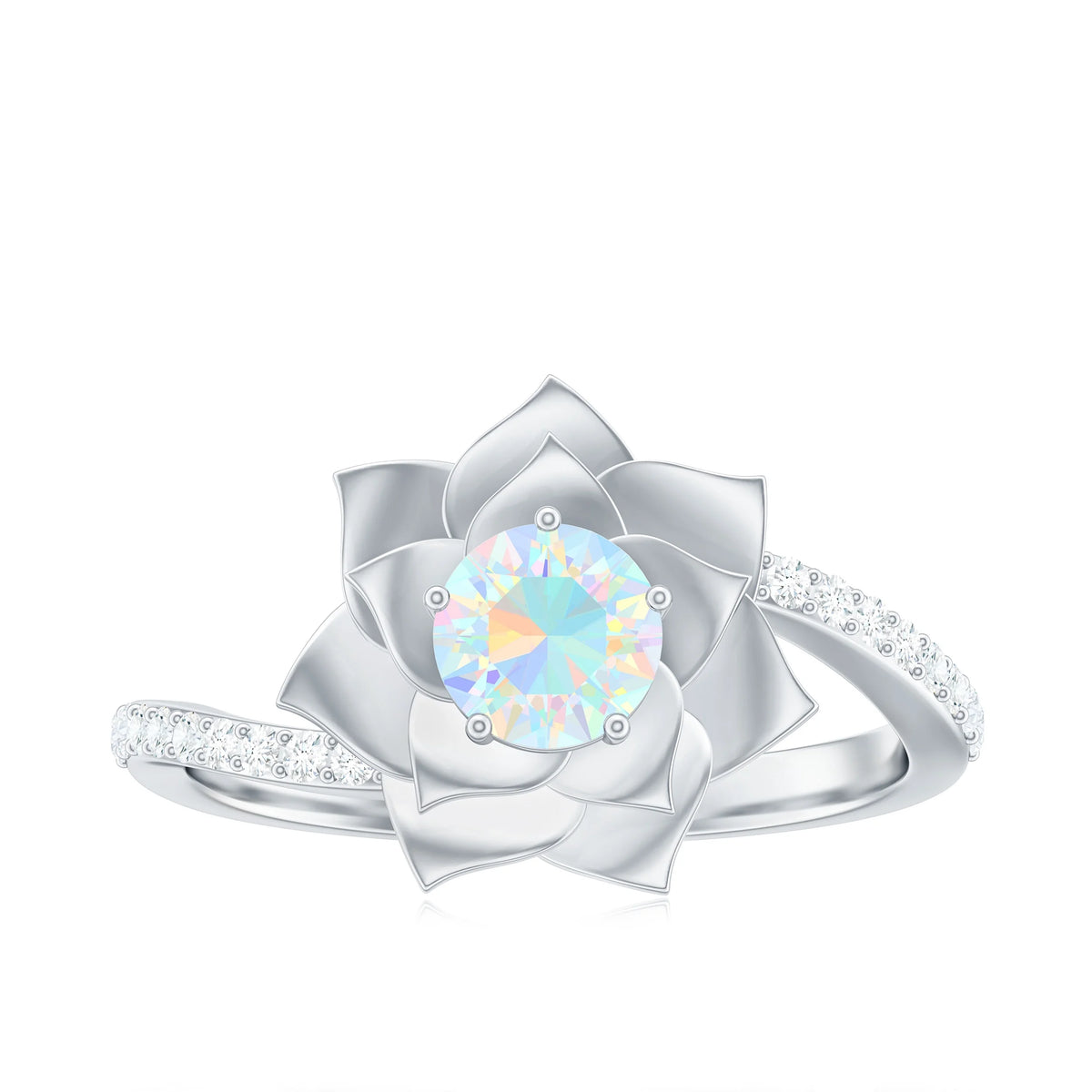 Ethiopian Opal Bypass Flower Engagement Ring with Diamond, 925 Sterling Silver L333122