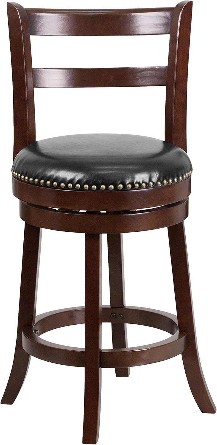 Cappuccino Wood Counter Height Stool with Black LeatherSoft Swivel Seat S981