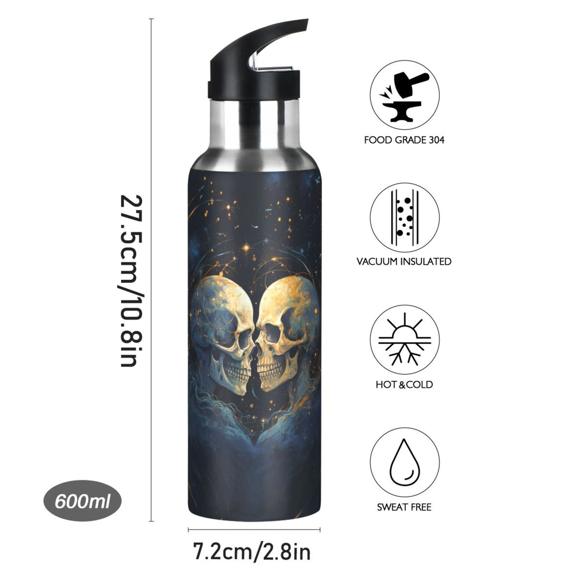 Two Human Skeleton Stainless Steel Water Bottles with Straw Lid 20 oz A47396
