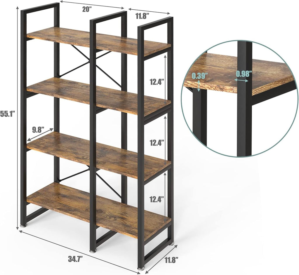Rustic Brown 4 Tiers Metal Frame Bookshelf N7740