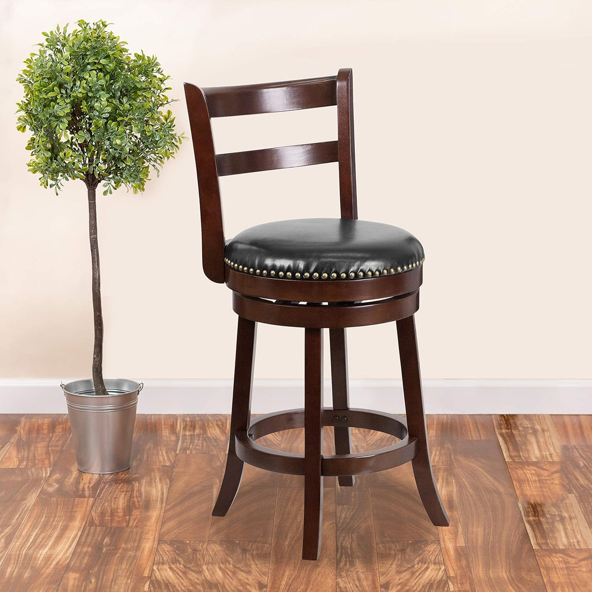 Cappuccino Wood Counter Height Stool with Black LeatherSoft Swivel Seat S981