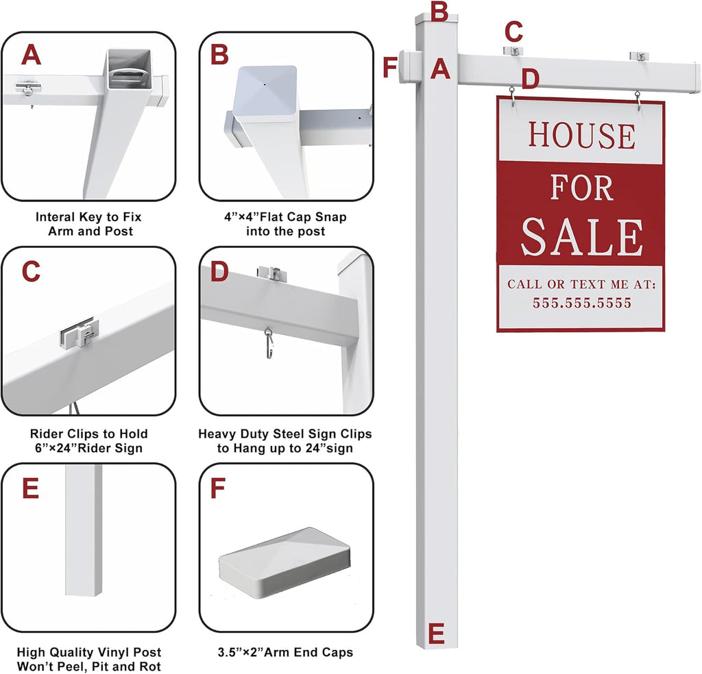 Vinyl PVC Real Estate Sign Post with Flat Cap 6' Tall, 36 Arm Holds Up to 24 Sign, White U492819