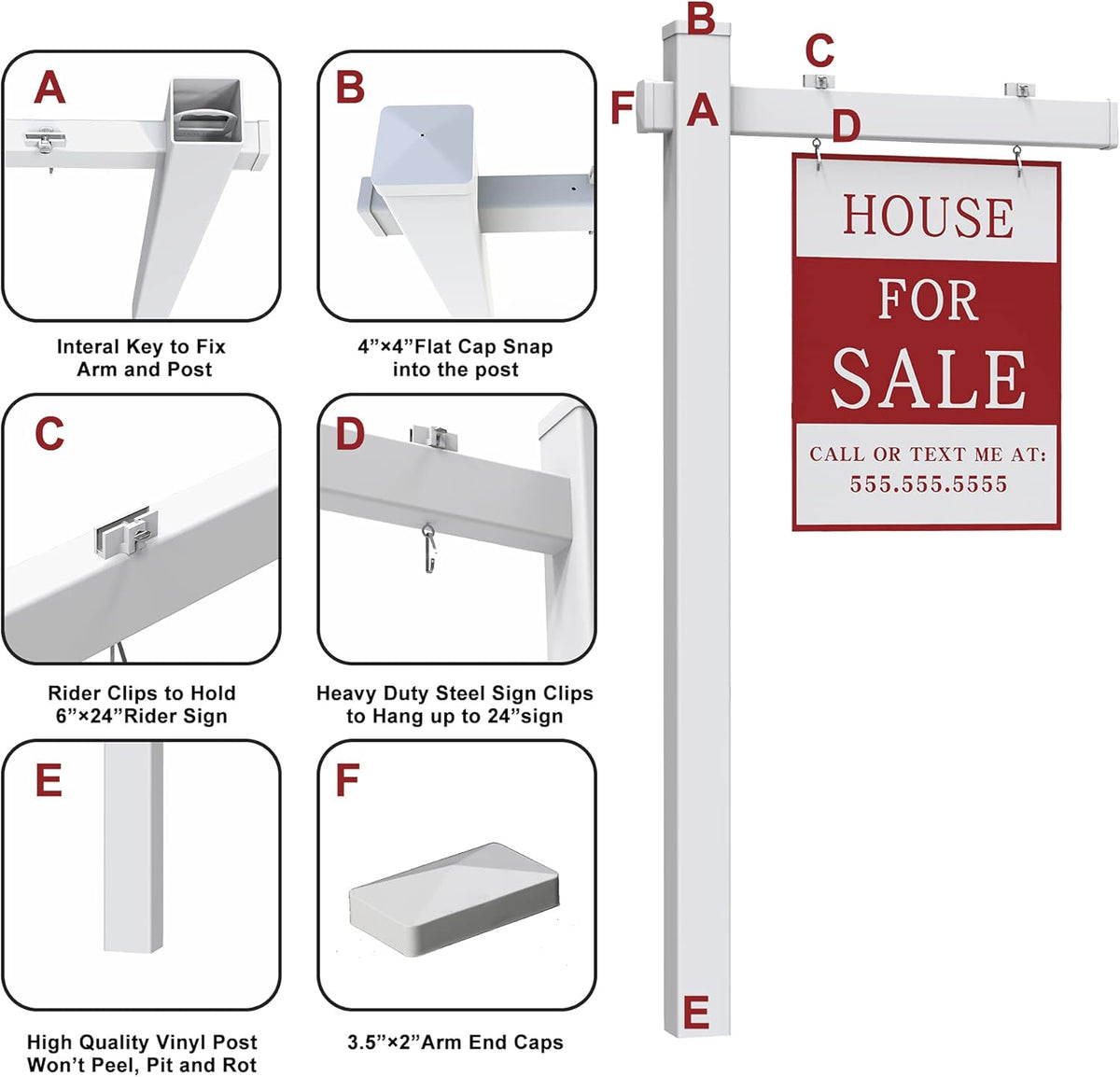 Vinyl PVC Real Estate Sign Post with Flat Cap 6' Tall, 36 Arm Holds Up to 24 Sign, White U492819