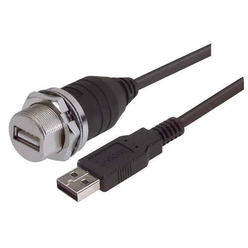 USB Cable, Shielded Waterproof Panel Mount Type A Female to Standard Type A Male, 2 Meter A8945