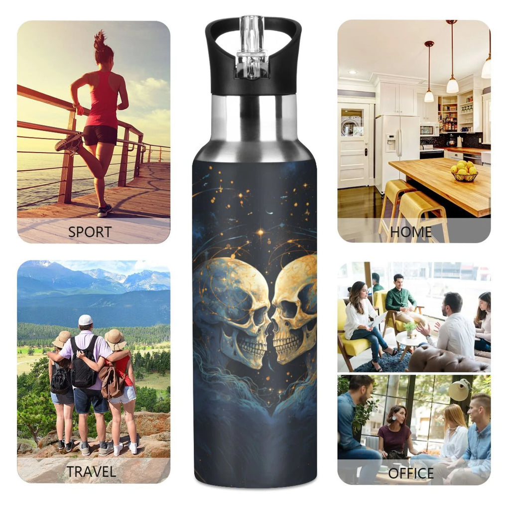 Two Human Skeleton Stainless Steel Water Bottles with Straw Lid 20 oz A47396