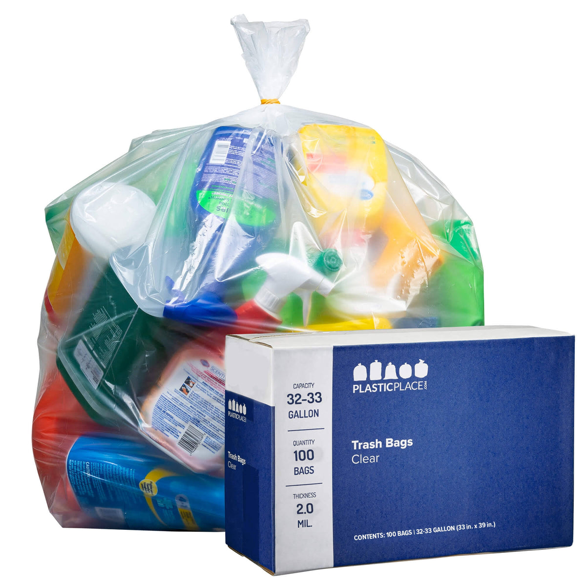 100 / Case 32-33 Gallon Clear Trash Bags 2.0 Mil T957